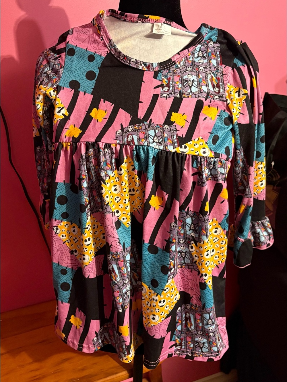 Girls' Pink Multi-Color Patterned Long-Sleeve Dress